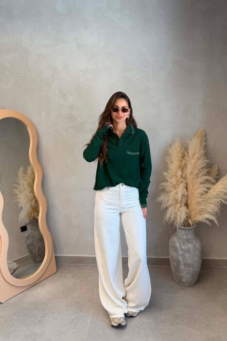 POLO NECK FRONT POCKET WOMAN SWEATER GREEN/JESHILE - 2