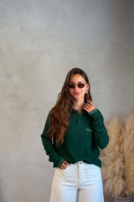 POLO NECK FRONT POCKET WOMAN SWEATER GREEN/JESHILE - 4