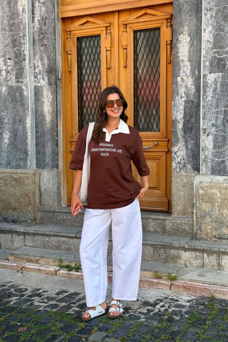 POLO NECK FRONT WRITTINGS WOMAN T-SHIRT BROWN/KAFE - 1