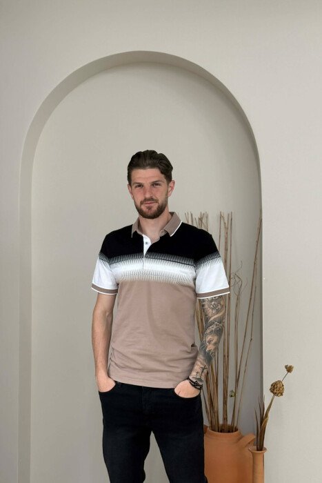 POLO NECK MEN T-SHIRT BEIGE/BEZHE - KLAUDIO FASHION