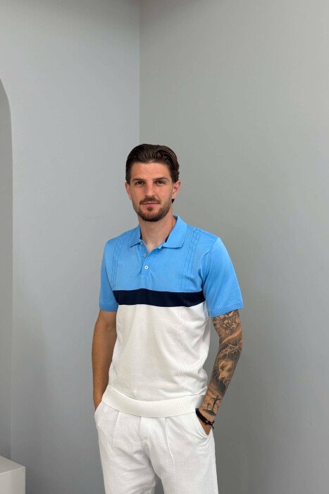 T-SHIRT ME JAKE POLO PER MESHKUJ NE NGJYRE BLU TE ZBARDHUR 