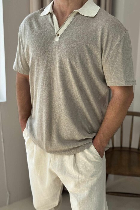 POLO NECK ONE BUTTON MEN T-SHIRT DARK BEIGE/BEZHE ERRET - 2