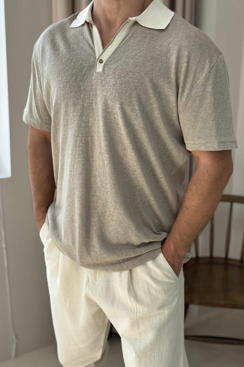 POLO NECK ONE BUTTON MEN T-SHIRT DARK BEIGE/BEZHE ERRET - 2