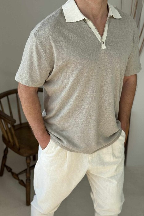 POLO NECK ONE BUTTON MEN T-SHIRT DARK BEIGE/BEZHE ERRET - 3