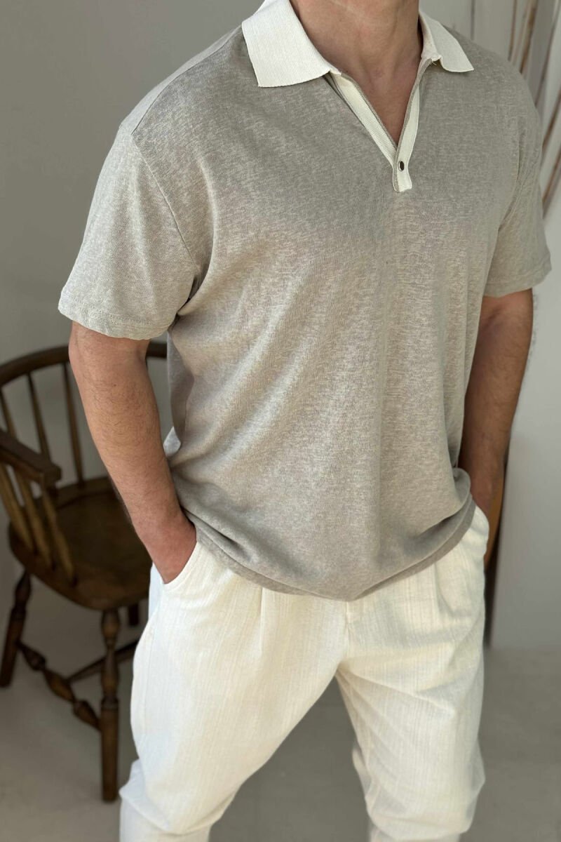 POLO NECK ONE BUTTON MEN T-SHIRT DARK BEIGE/BEZHE ERRET - 3