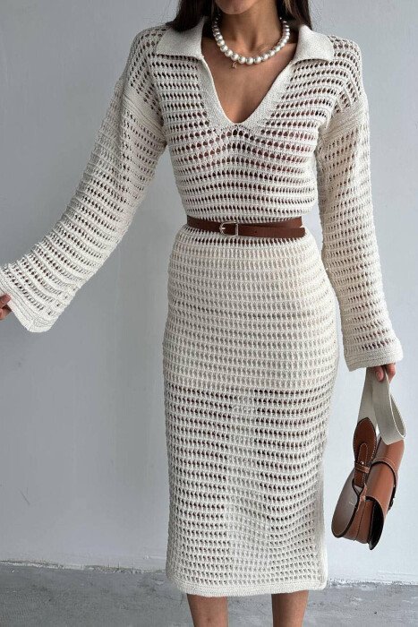 POLO NECK ONE COLOR DRESS CREAM/KREM - KLAUDIO FASHION