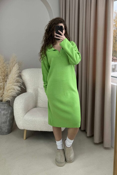 POLO NECK ONE COLOR KNITTED WOMEN DRESS LIGHT GREEN/JEZB - 