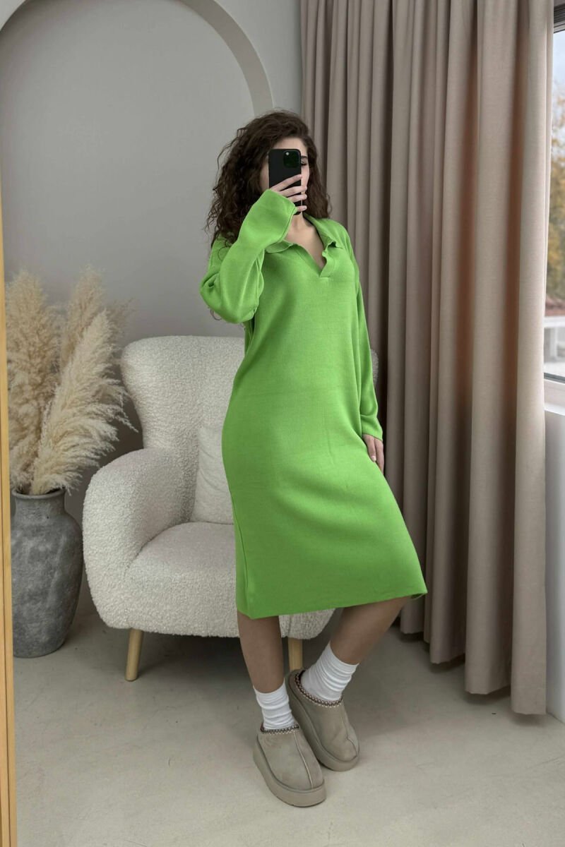 POLO NECK ONE COLOR KNITTED WOMEN DRESS LIGHT GREEN/JEZB - 2