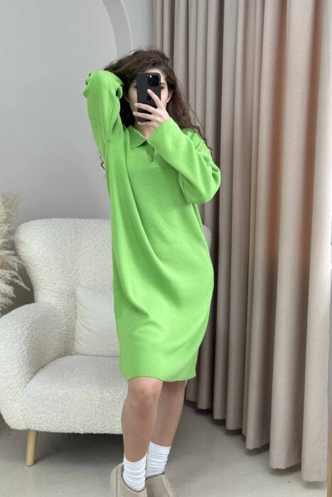 POLO NECK ONE COLOR KNITTED WOMEN DRESS LIGHT GREEN/JEZB - 4