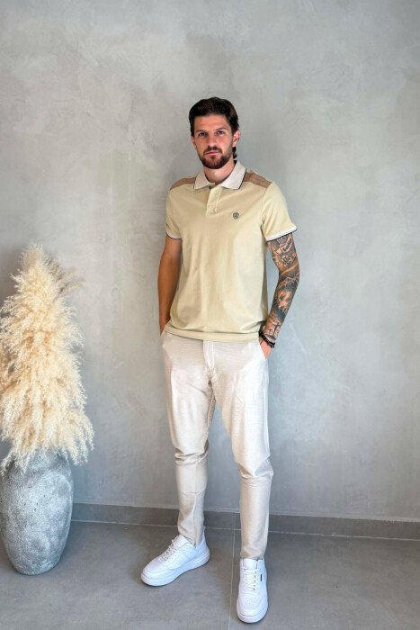 POLO NECK ONE COLOR MEN T-SHIRT BEIGE/BEZHE - 3