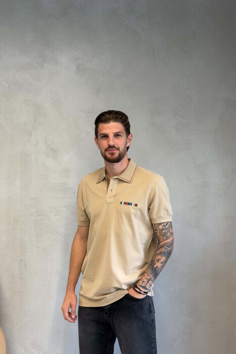 POLO NECK ONE COLOR MEN T-SHIRT BEIGE/BEZHE - KLAUDIO FASHION