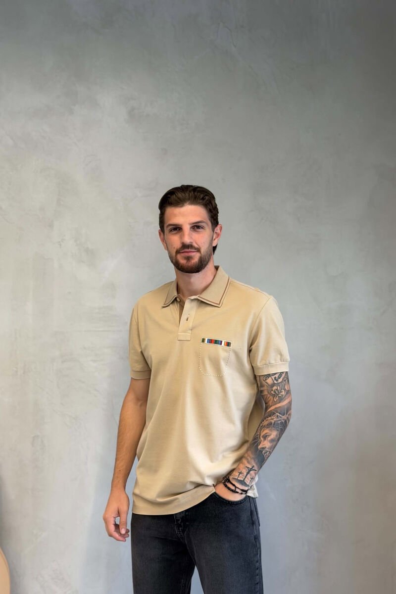 POLO NECK ONE COLOR MEN T-SHIRT BEIGE/BEZHE - 1
