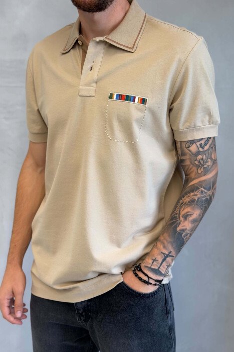 POLO NECK ONE COLOR MEN T-SHIRT BEIGE/BEZHE - 4