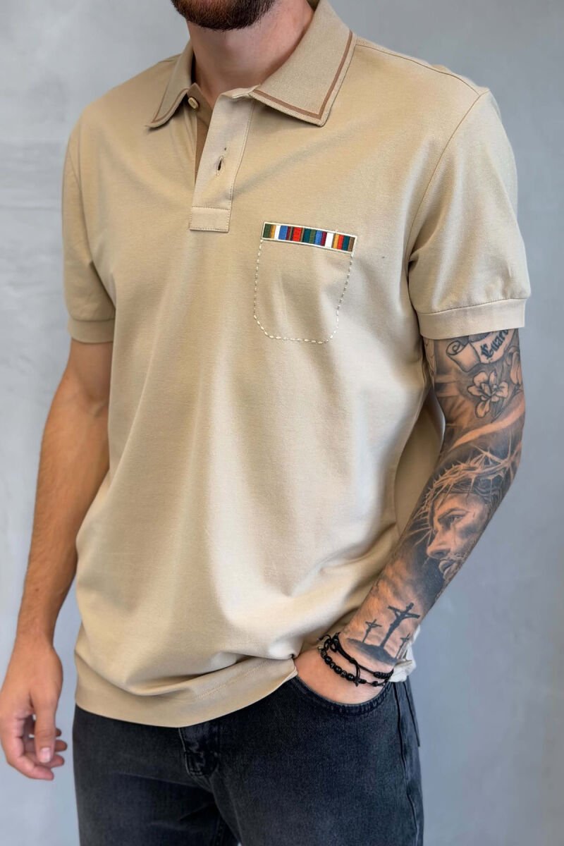 POLO NECK ONE COLOR MEN T-SHIRT BEIGE/BEZHE - 4