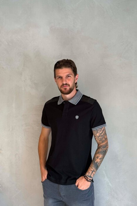 POLO NECK ONE COLOR MEN T-SHIRT BLACK/ E ZEZE 