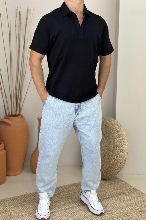 POLO NECK ONE COLOR MEN T-SHIRT BLACK/ E ZEZE - 