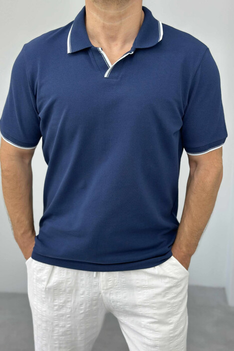 T-SHIRT NJË NGJYRËSH ME JAKË POLO PËR MESHKUJ NË NGJYRËN BLU 