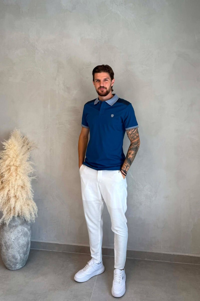 POLO NECK ONE COLOR MEN T-SHIRT BLUE/BLU - 3