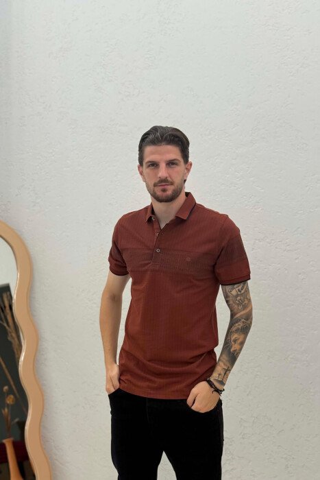 POLO NECK ONE COLOR MEN T-SHIRT BRICK/TULLE 