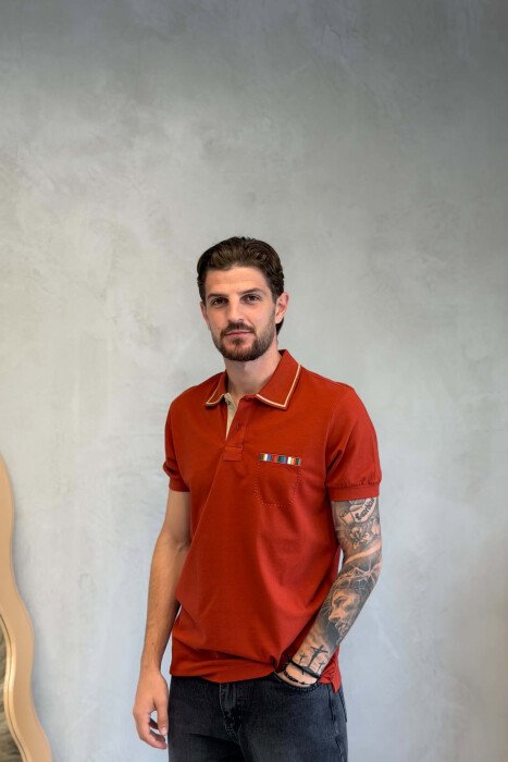 POLO NECK ONE COLOR MEN T-SHIRT BRICK/TULLE - KLAUDIO FASHION