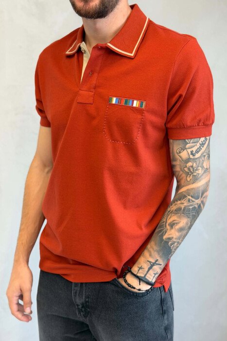 POLO NECK ONE COLOR MEN T-SHIRT BRICK/TULLE - 4
