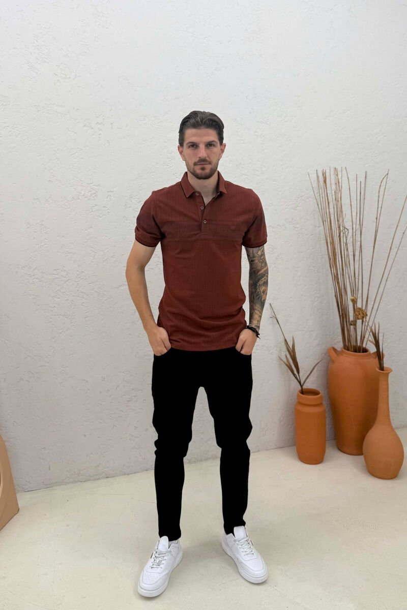 POLO NECK ONE COLOR MEN T-SHIRT BRICK/TULLE - 3