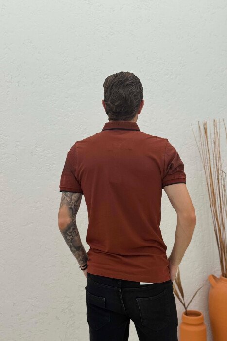 POLO NECK ONE COLOR MEN T-SHIRT BRICK/TULLE - 4