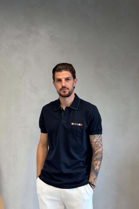 POLO NECK ONE COLOR MEN T-SHIRT DARK BLUE/BEE - KLAUDIO FASHION