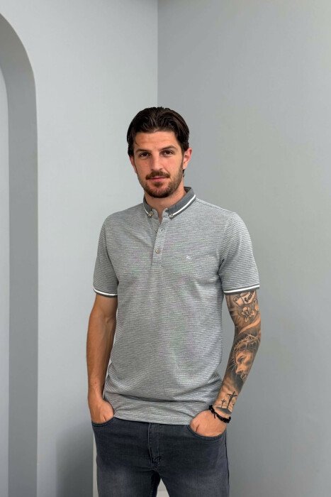POLO NECK ONE COLOR MEN T-SHIRT GREY/GRI - KLAUDIO FASHION