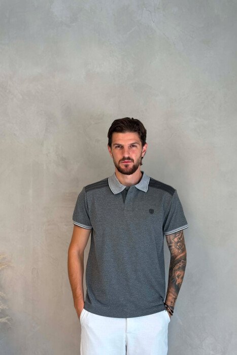POLO NECK ONE COLOR MEN T-SHIRT GREY/GRI - KLAUDIO FASHION