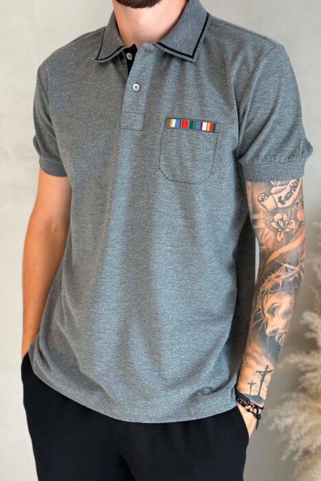 POLO NECK ONE COLOR MEN T-SHIRT GREY/GRI - 4