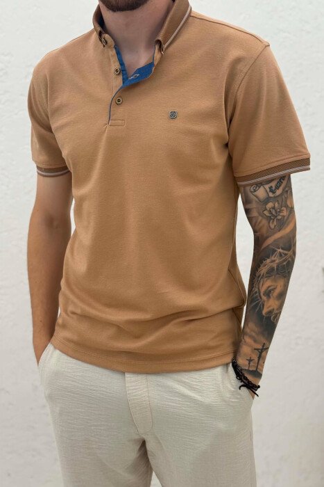 POLO NECK ONE COLOR MEN T-SHIRT LIGHT BROWN/KAZB - 4