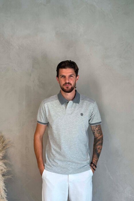 POLO NECK ONE COLOR MEN T-SHIRT LIGHT GREY/GZ - KLAUDIO FASHION