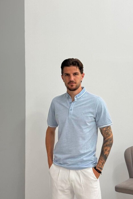 POLO NECK ONE COLOR MEN T-SHIRT LIGHTBLUE/BZ - KLAUDIO FASHION