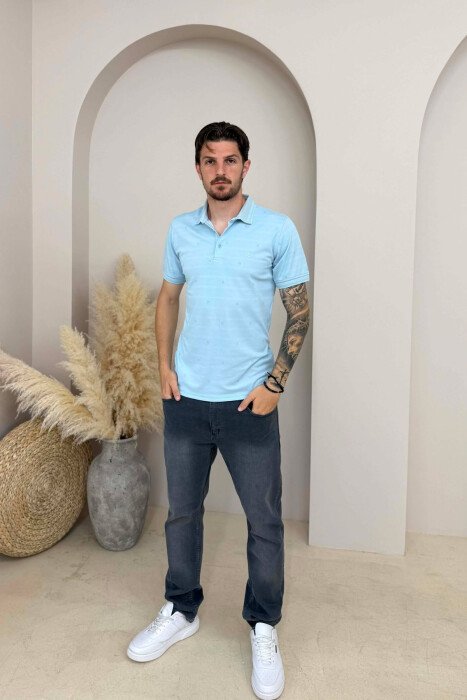 POLO NECK ONE COLOR MEN T SHIRT LIGHTBLUE/BZ - 3