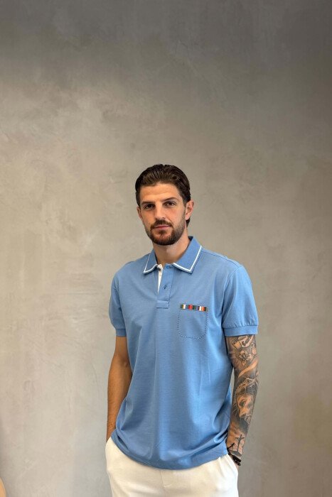 POLO NECK ONE COLOR MEN T-SHIRT LIGHTBLUE/BZ 