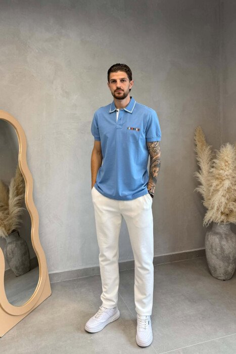 POLO NECK ONE COLOR MEN T-SHIRT LIGHTBLUE/BZ - 3