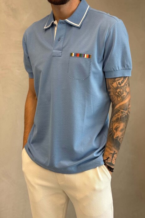 POLO NECK ONE COLOR MEN T-SHIRT LIGHTBLUE/BZ - 4