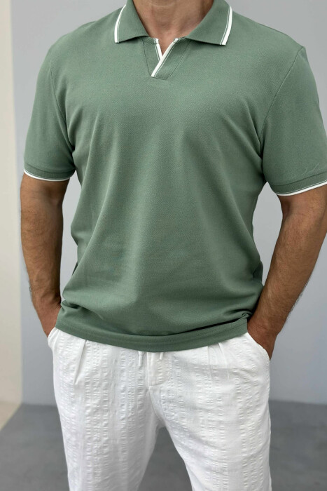 T-SHIRT NJË NGJYRËSH ME JAKË POLO PËR MESHKUJ NË NGJYRËN MENTE 