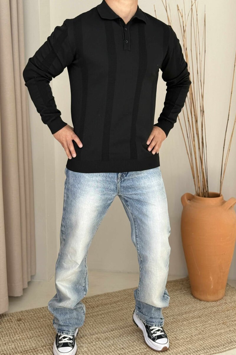 POLO NECK ONE COLOR SIMPLE MEN SWEATER BLACK/ E ZEZE - 1