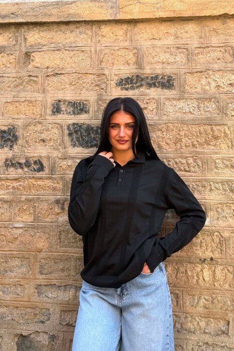 POLO NECK ONE COLOR SIMPLE WOMEN SWEATER BLACK/ E ZEZE 