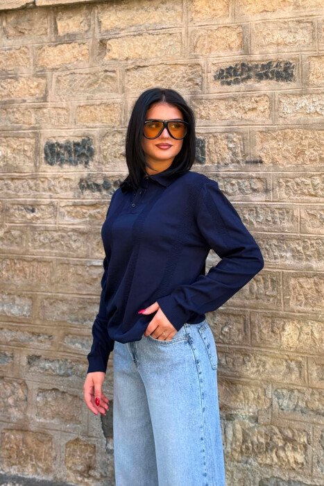 POLO NECK ONE COLOR SIMPLE WOMEN SWEATER BLUE/BLU - 3