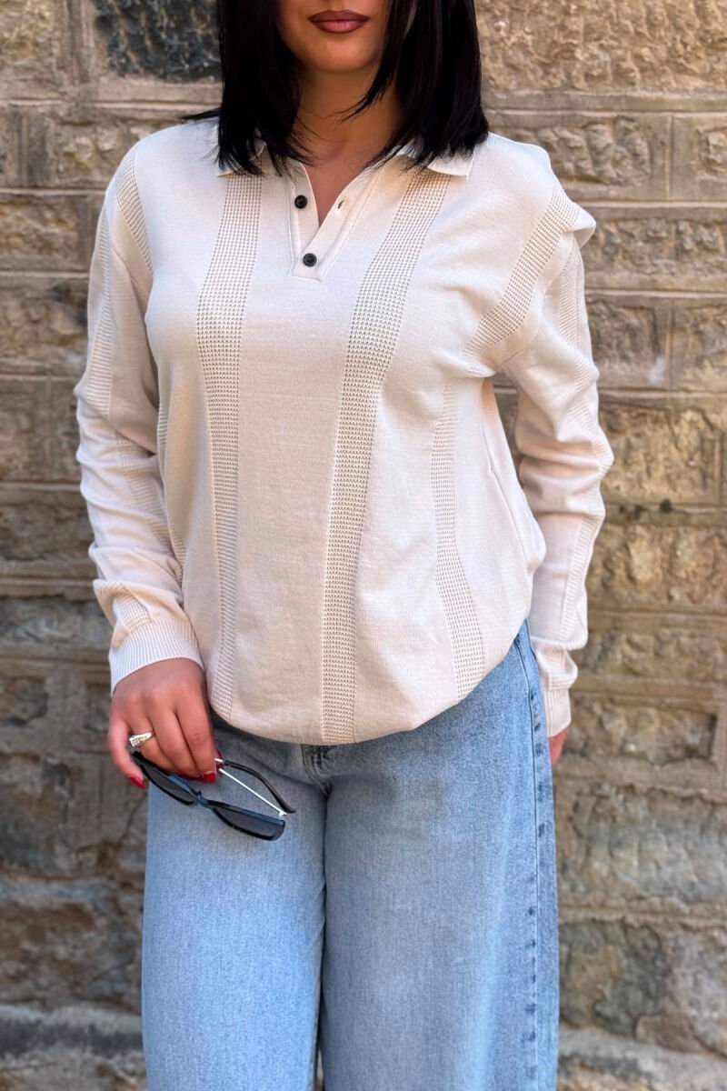 POLO NECK ONE COLOR SIMPLE WOMEN SWEATER CREAM/KREM - 2