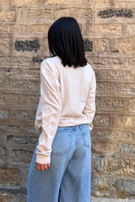 POLO NECK ONE COLOR SIMPLE WOMEN SWEATER CREAM/KREM - 4