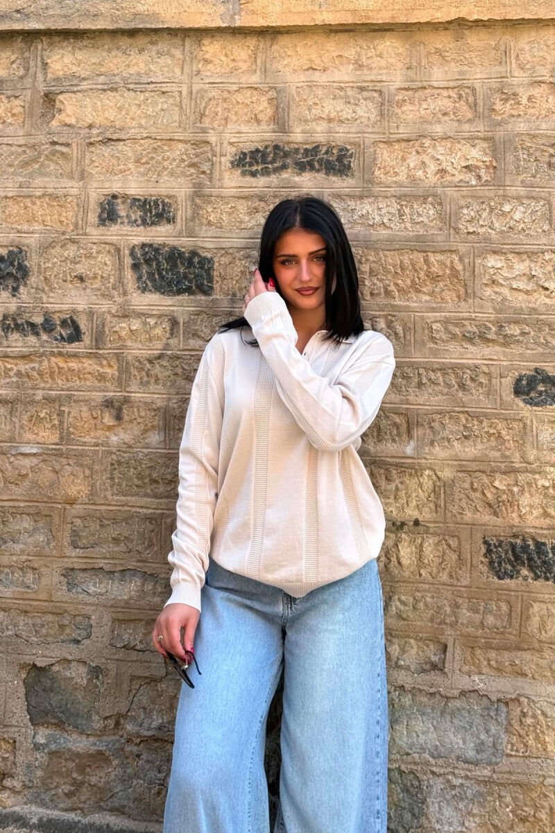 POLO NECK ONE COLOR SIMPLE WOMEN SWEATER CREAM/KREM - 5