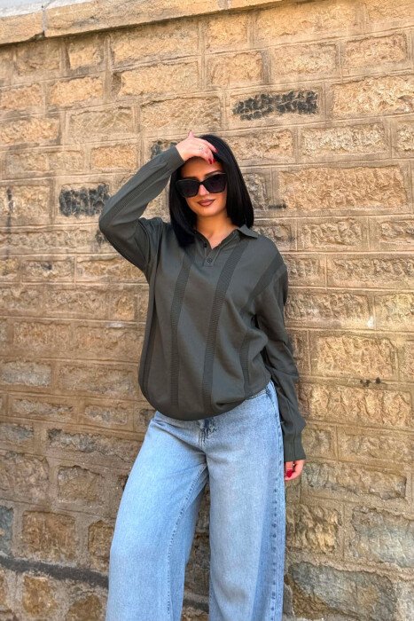 POLO NECK ONE COLOR SIMPLE WOMEN SWEATER GREEN/JESHILE - 3