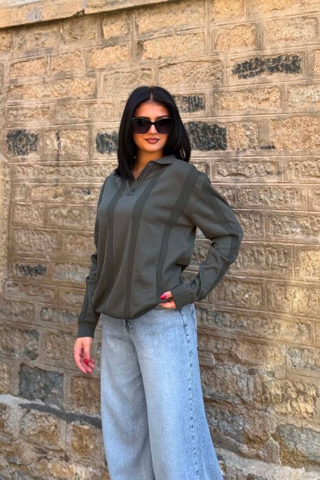 POLO NECK ONE COLOR SIMPLE WOMEN SWEATER GREEN/JESHILE - 5