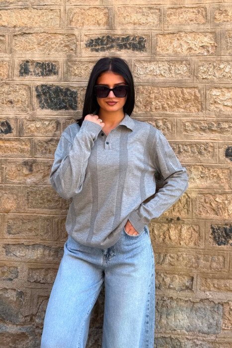 POLO NECK ONE COLOR SIMPLE WOMEN SWEATER GREY/GRI 