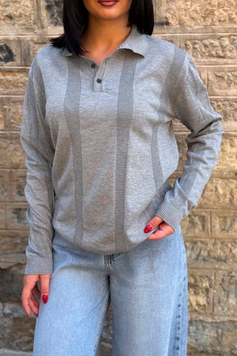 POLO NECK ONE COLOR SIMPLE WOMEN SWEATER GREY/GRI - 2