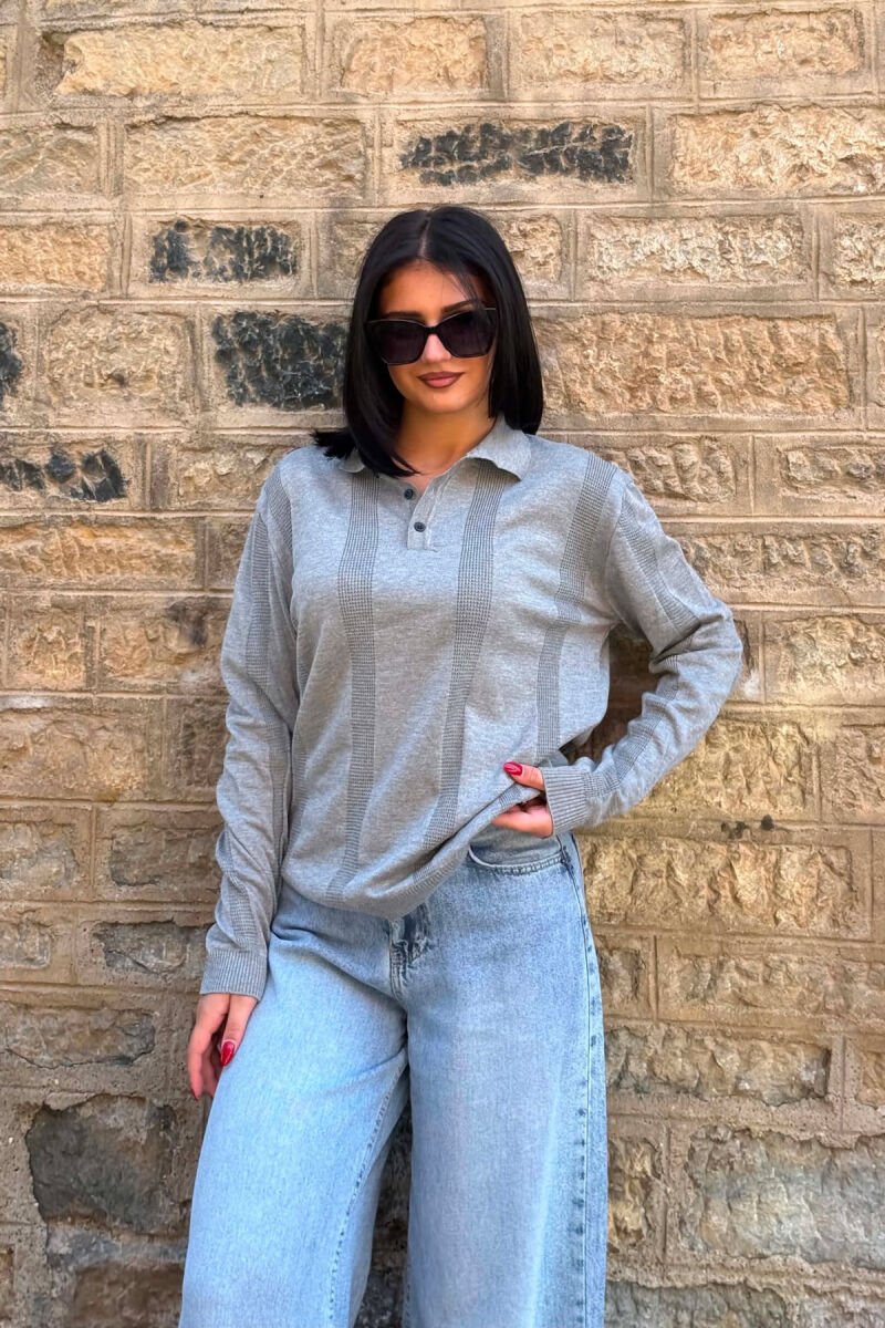 POLO NECK ONE COLOR SIMPLE WOMEN SWEATER GREY/GRI - 3